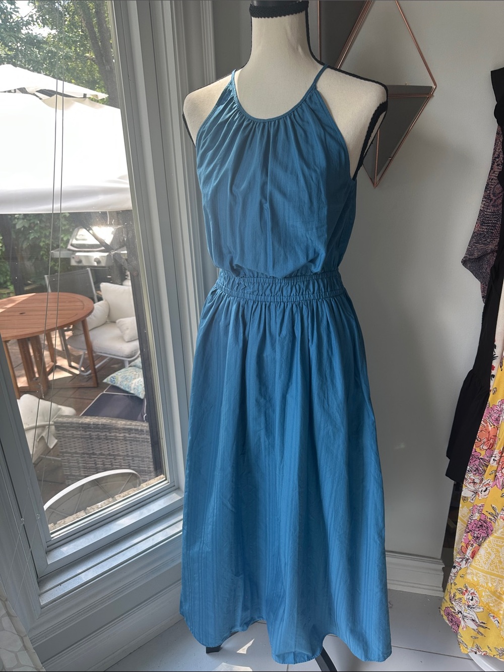 UNIQLO Blue Halter Midi Dress 100% Cotton Size Small Elasticized Waist Tie Back